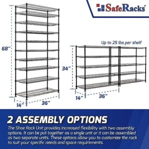 SafeRacks 10-Tier Shoe Rack - Black, Large Shoe Storage Organizer, 60 Pair, Heavy Duty Shoe Stand with Vertical Free Standing Shoe Shelf, Perfect for Entryway, Closet, Garage, & Bedroom Storage