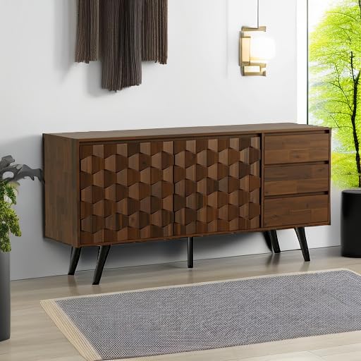 Bme Sideboard Georgina Solid Wood 2 Doors & 3 Drawers, 61'' Mid Century Modern Cabinet with Geometric Pattern for Kitchen, Dining, Living Room