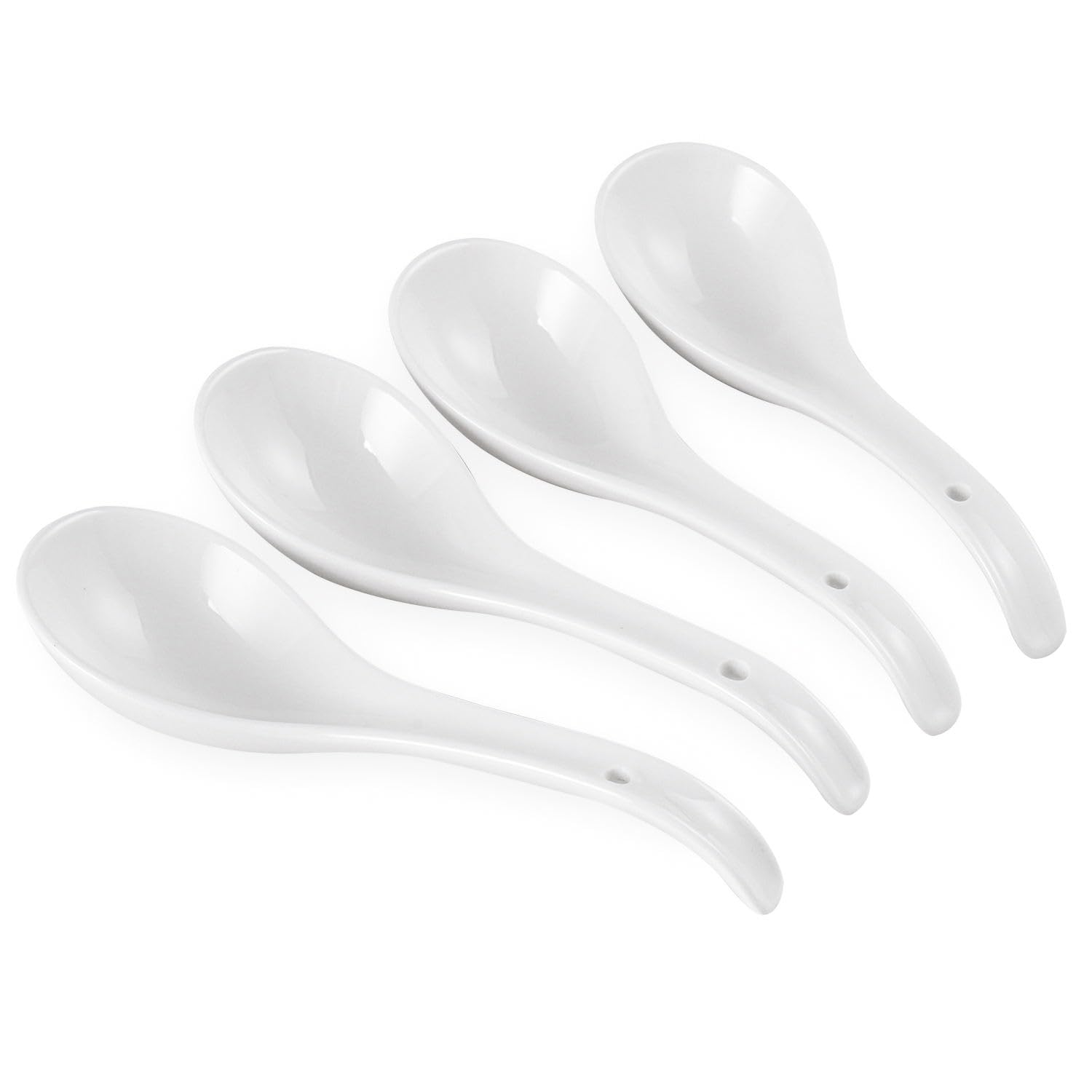 AXIAOLU Asian Soup Spoon,6.75 Inch Ceramic Ramen Spoon,White Chinese Soup Spoons,With Deep Oval Hook Design,for Dumpling,Pho,Noodles,Miso,Wonton,Set Of 4