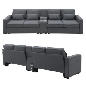 WILLIAMSPACE 114.2" Upholstered Sofa Couch for Living Room, Modern 4 Seater Sofa Fabric Couches with Storageable Coffee Table and 2 Cupholders, 2 USB Ports Wired or Wirelessly Charged (Dark Grey)