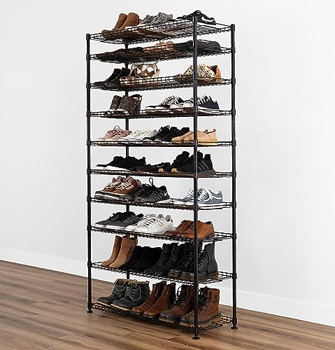 SafeRacks 10-Tier Shoe Rack - Black, Large Shoe Storage Organizer, 60 Pair, Heavy Duty Shoe Stand with Vertical Free Standing Shoe Shelf, Perfect for Entryway, Closet, Garage, & Bedroom Storage