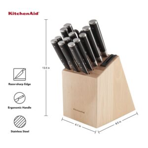 KitchenAid Gourmet Forged Triple Rivet Knife Block Set with Built-in Knife Sharpener, High Carbon Japanese Stainless Steel Kitchen Knives, Sharp Kitchen Knife Set with Block, Birchwood,14-Piece, Black