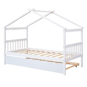 voqoomkl Twin Size Floor Bed with Twin Size Trundle, Wooden House Bed with Headboard and Footboard, Daybed with Roof Design and Wood Slats Supprt for Boys Girl Bedroom, No Box Springs Required, White