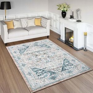 Asrug 4x6 Washable Area Rug, Boho Non-Slip Entryway Rug Doormat Stain Resistant Non-Shedding Distressed Throw Carpet for Bedroom Living Room Kitchen Bathroom, Light Blue