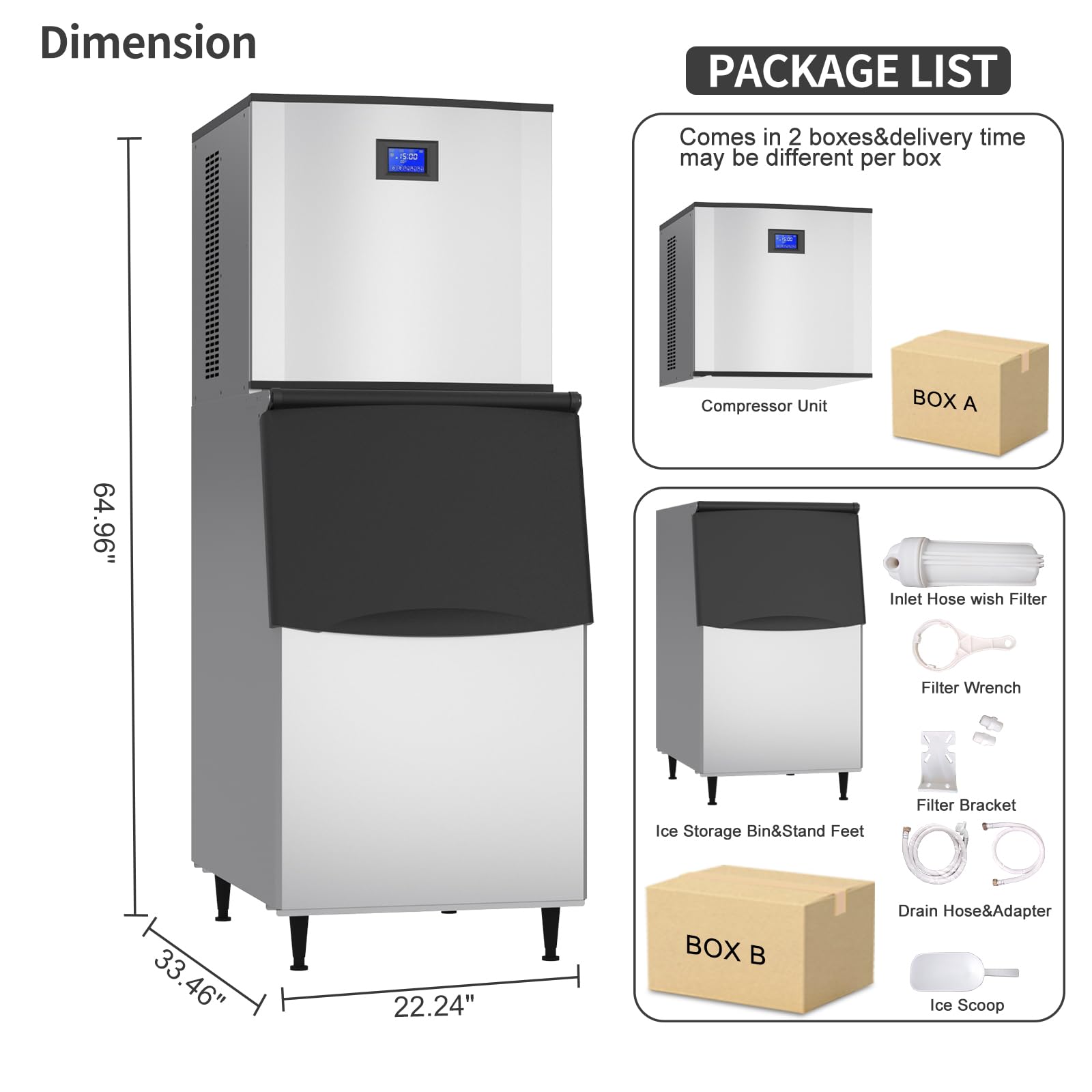 XPW Commercial Ice Maker Machine - 550LBS/24H with 350LBS Bin 110V 1200W Ultra Strong Compressor Stainless Steel Construction Fully Automatic Operation Perfect for Bar Restaurants and Business