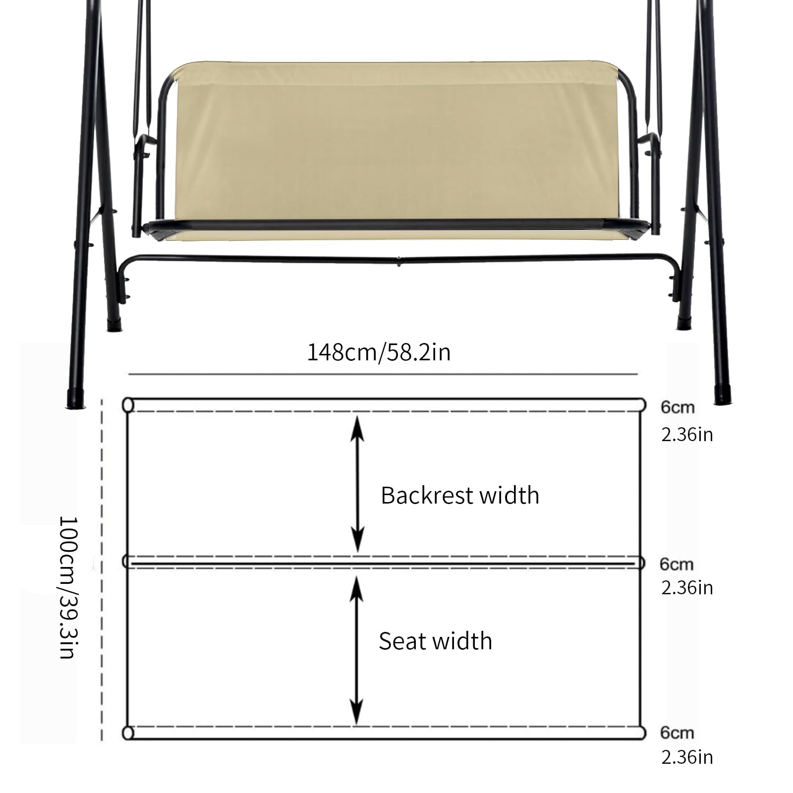 Outdoor Swing Replacement Seat Fabric,600D Thickened Oxford Waterproof Sunscreen Porch Swing Cushions for Patio Furniture Garden Bench,Beige, 57.7X 19.5 x 19.5 in