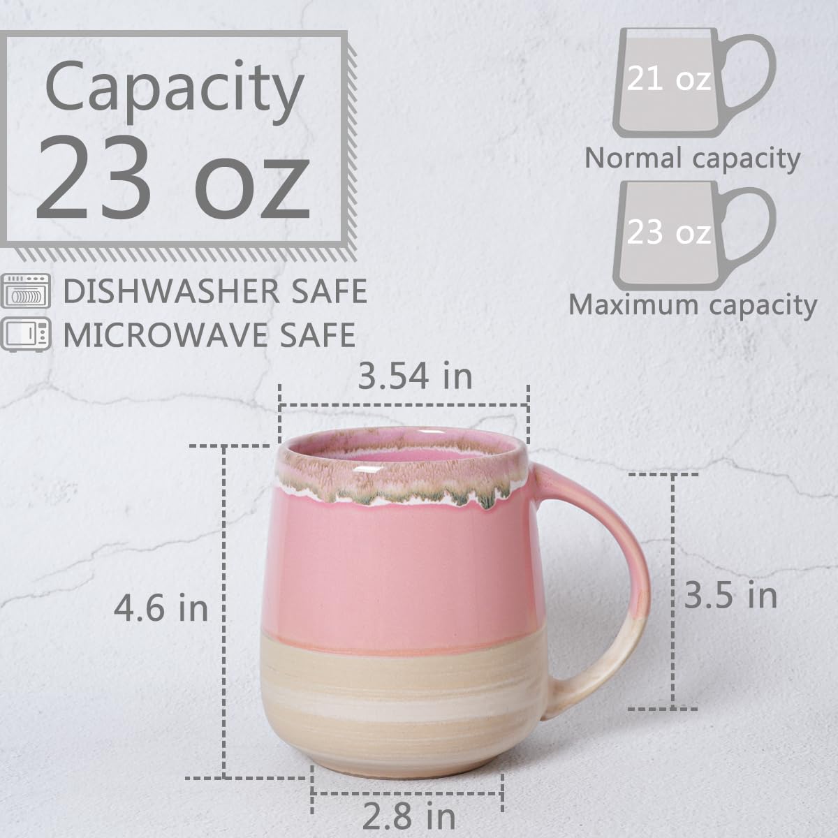 Bosmarlin Extra Large Ceramic Coffee Mug, 23 Oz, Dishwasher and Microwave Safe, Oversized Big Tea Cup, Reactive Glaze (Pink)