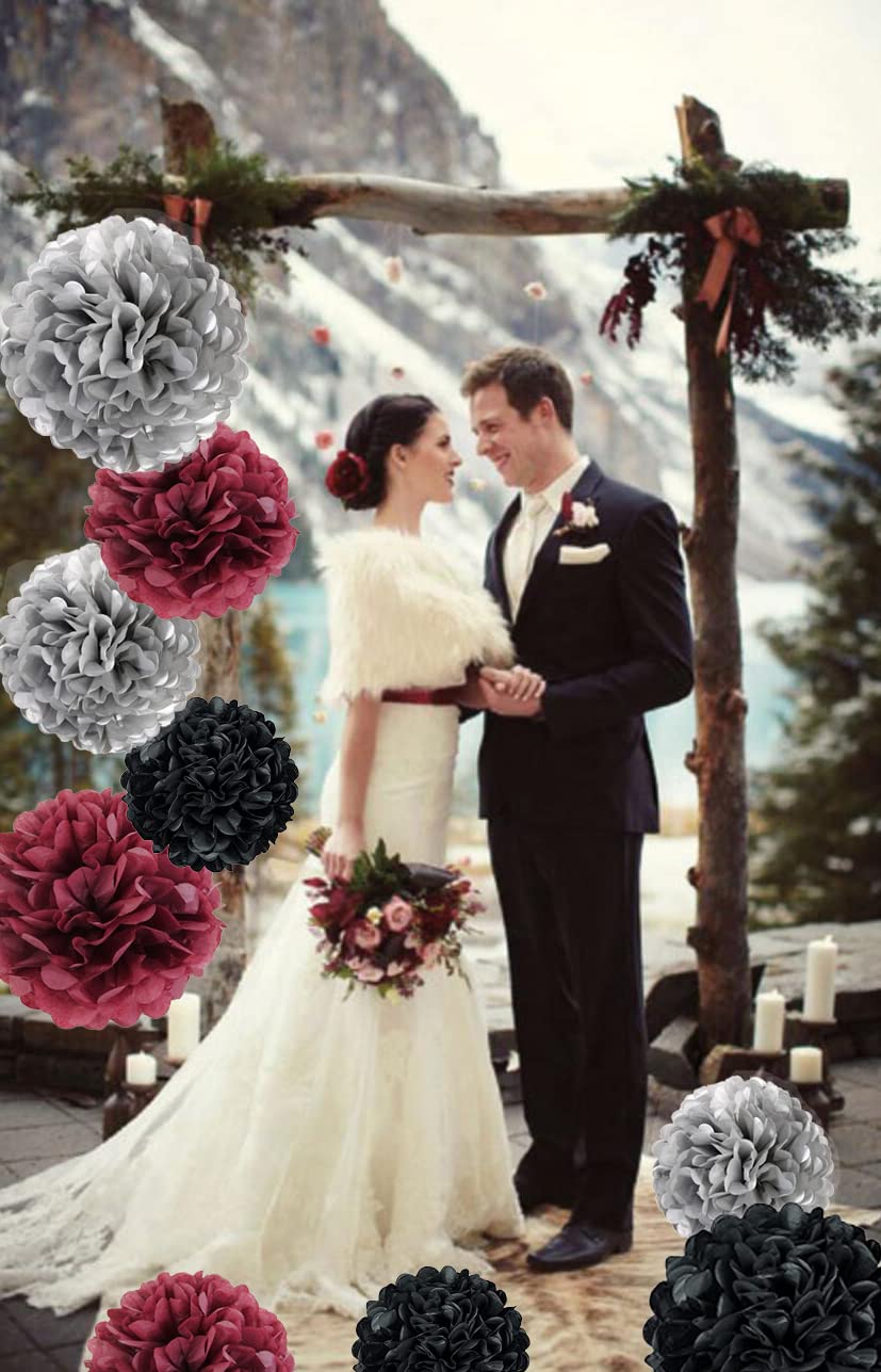 9PCS Maroon Burgundy Black Silver Tissue Paper Flowers Hanging Pom Poms Wall Backdrop Streamers for Graduation Bridal Wedding Shower Bachelorette Retirement Party Décor