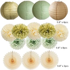 Sage Green Party Decorations Cream Paper Fans Gold Tissue Paper Pom Poms Paper Lanterns Sage Green and Gold Party Decorations for Baby Shower Bridal Shower Birthday Wedding Engagement Party