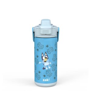 zak! beacon insulated bottle, bluey - 14 oz - durable stainless steel - double-wall vacuum insulation, silicone spout & push-button, leak-proof lid - dishwasher safe