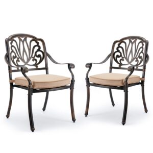 attliahome 2-pack outdoor cast aluminum dining chairs set - all-weather patio chairs with removable cushions and armrests and backrests for bistro, restaurant, garden, backyard