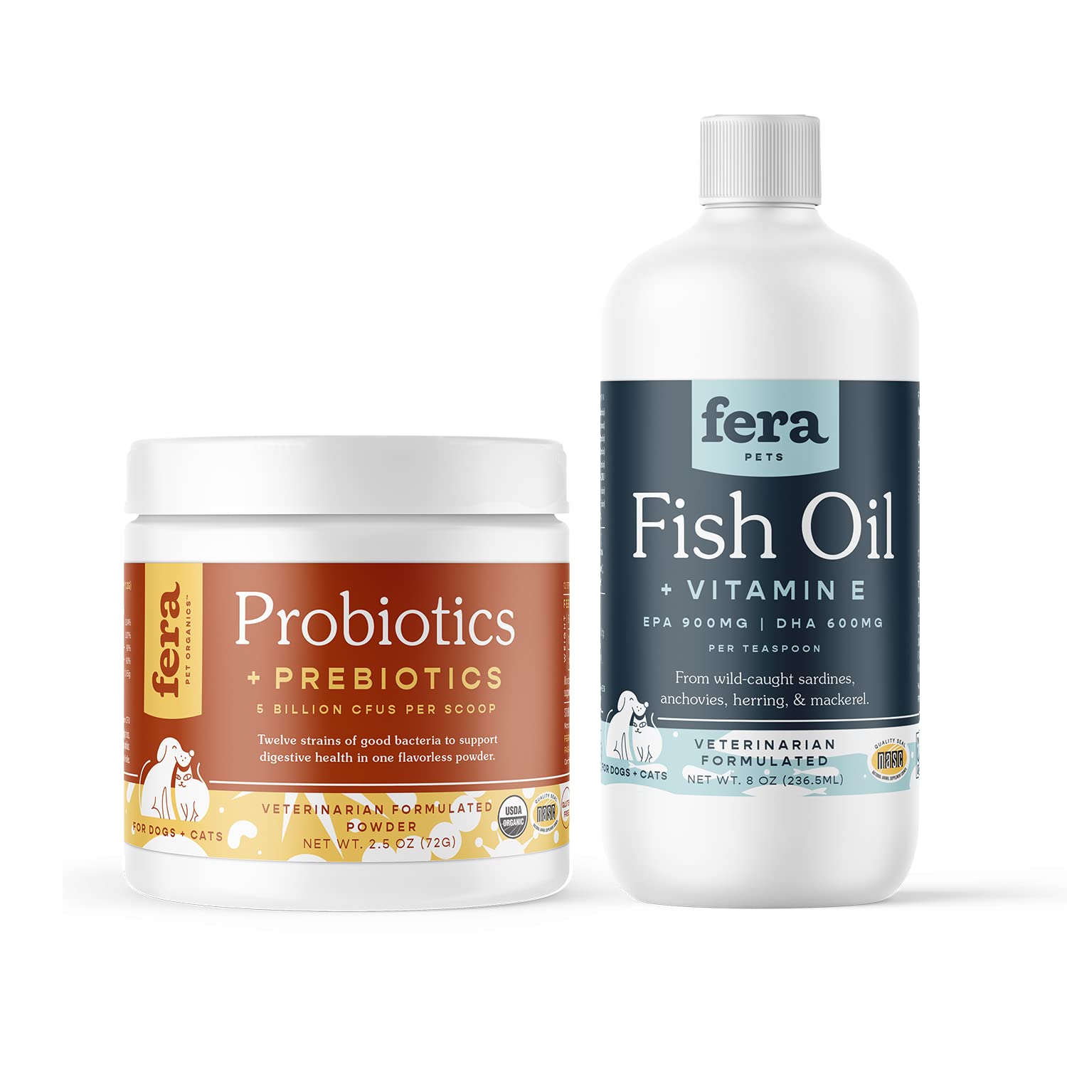 Fera Pets Probiotics and Fish Oil Bundle for Dog and Cat – All Natural Probiotics Powder with 5 Billion CFUs per Scoop – Omega 3 with DHA, EPA, Vitamin E for Brain Function & Immune Health (8oz.)