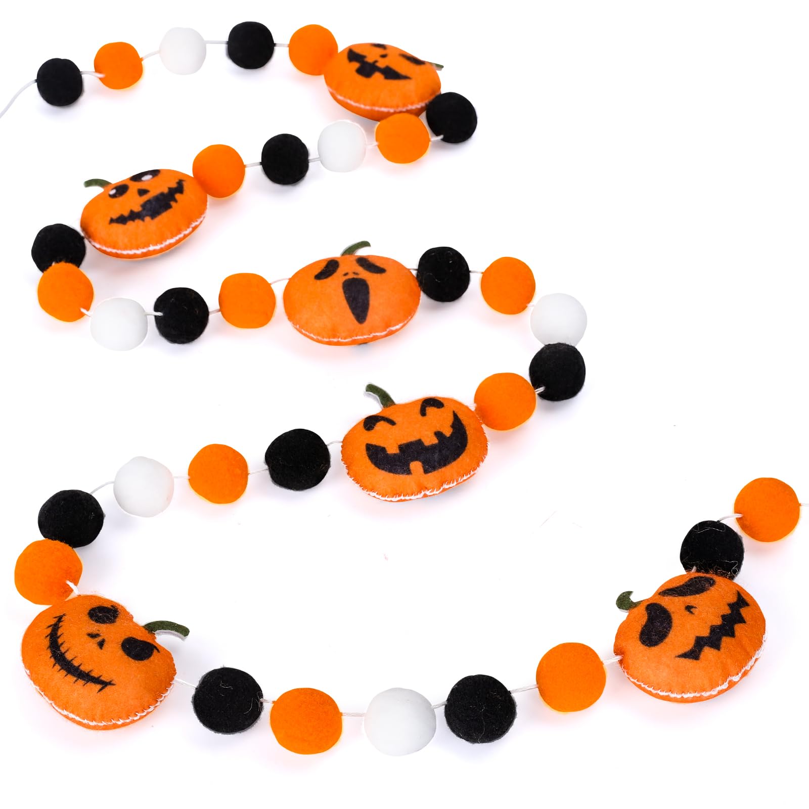 Whaline 8.2Ft Halloween Felt Pom Pom Garland Different Expressions Cute Pumpkins Hanging Banner Orange White Black Pom Ball Bunting Banner for Halloween Home Mantel Wall Window Decor Party Supplies