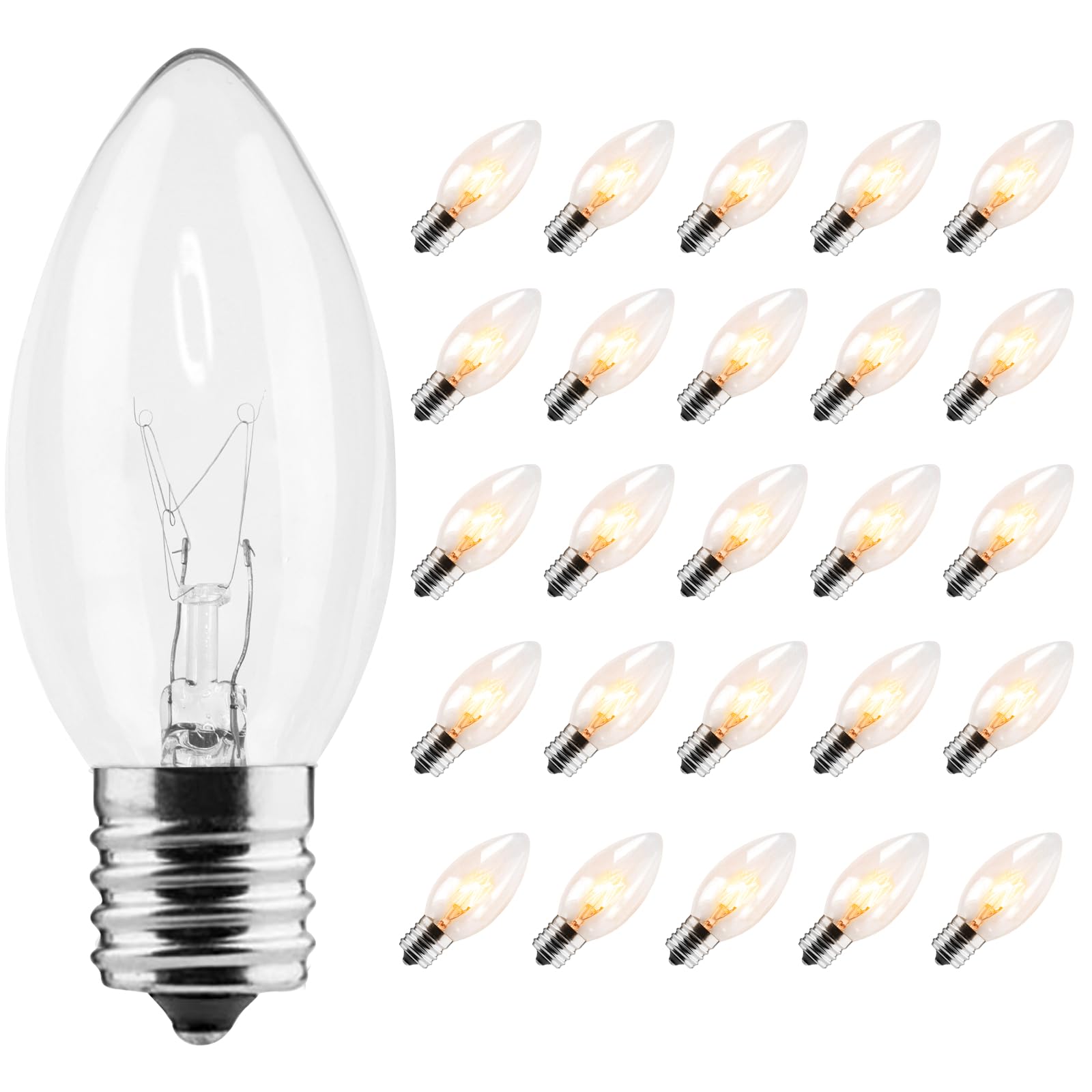 CXLHO 25 Pack C9 Bulbs Clear Replacement Bulbs Incandescent, C9 Christmas Light Bulbs for Christmas String Light, E17 Intermediate Base, 7 Watt, Clear