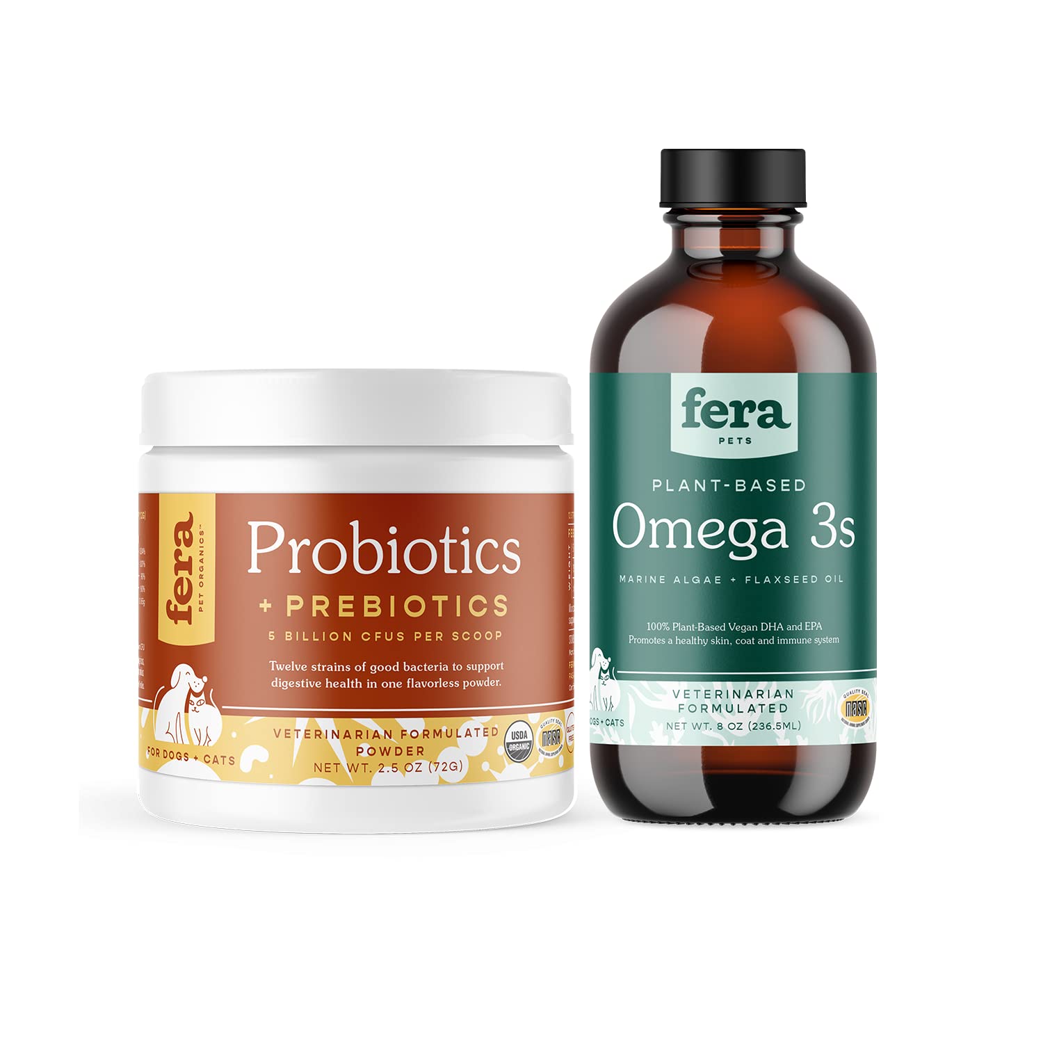 Fera Pets Probiotics and Plant Based Omega 3s, 6, 9 Bundle for Dogs and Cats – All Natural Probiotic Powder with 5 Billion CFUs Per Scoop – Omega 3s for Healthy Skin, Coat, and Immune System (8oz.)