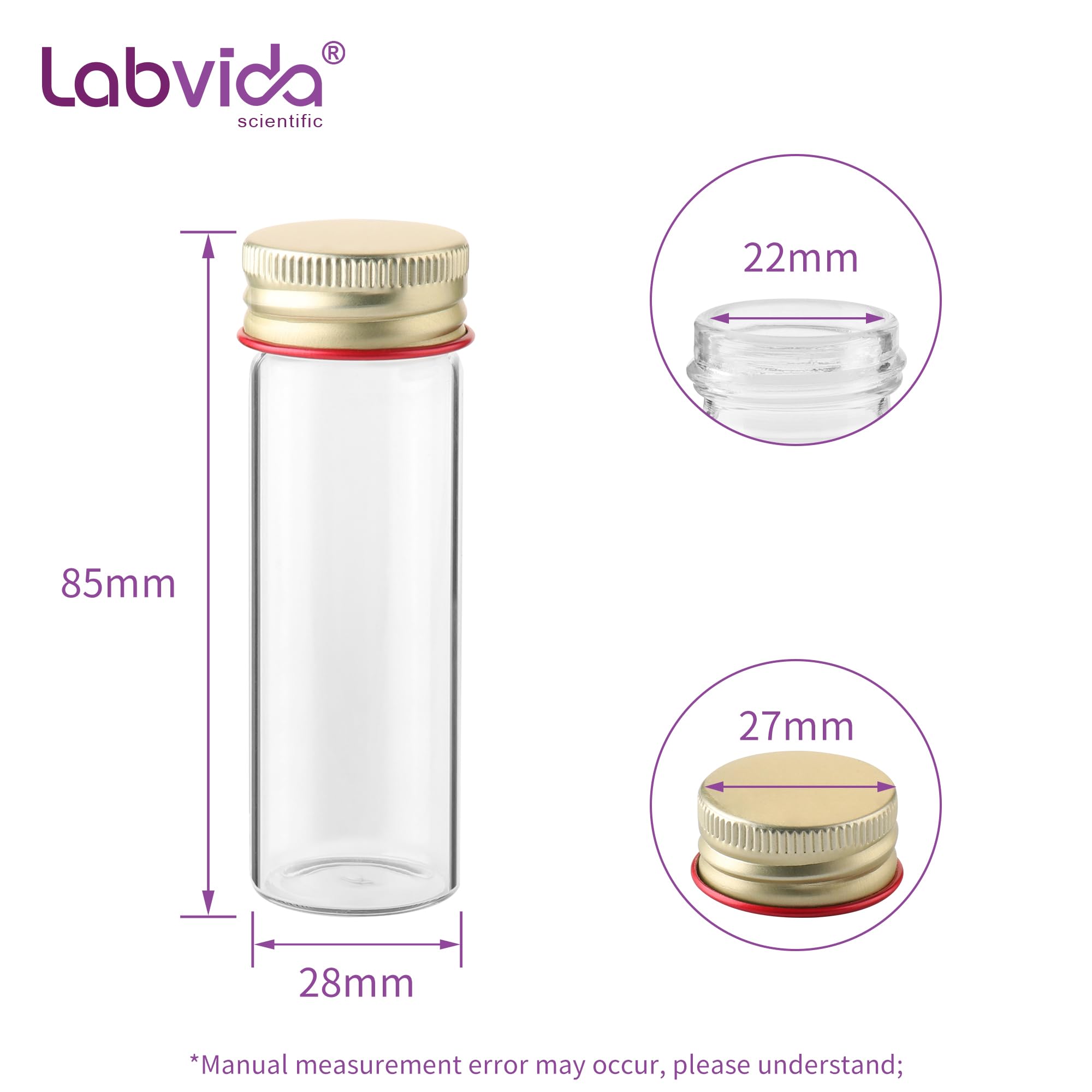 Labvida 25ml Clear Glass Vials with Plastic Stoppers, 20 Pack Glass Vials with Screw Caps, Leak-Proof Small Glass Lab Vials, Liquid Sample Vials for Essential Oil, Reagent, Seeds, LVH008