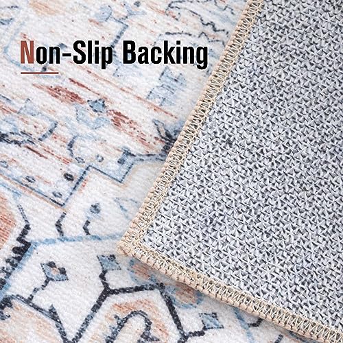 Asrug 4x6 Washable Area Rug, Boho Non-Slip Entryway Rug Doormat Stain Resistant Non-Shedding Distressed Throw Carpet for Bedroom Living Room Kitchen Bathroom, Light Blue