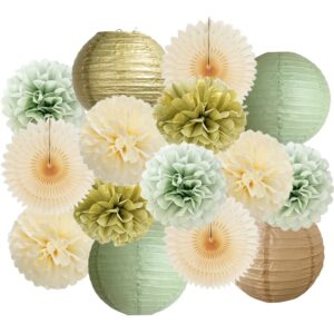 sage green party decorations cream paper fans gold tissue paper pom poms paper lanterns sage green and gold party decorations for baby shower bridal shower birthday wedding engagement party