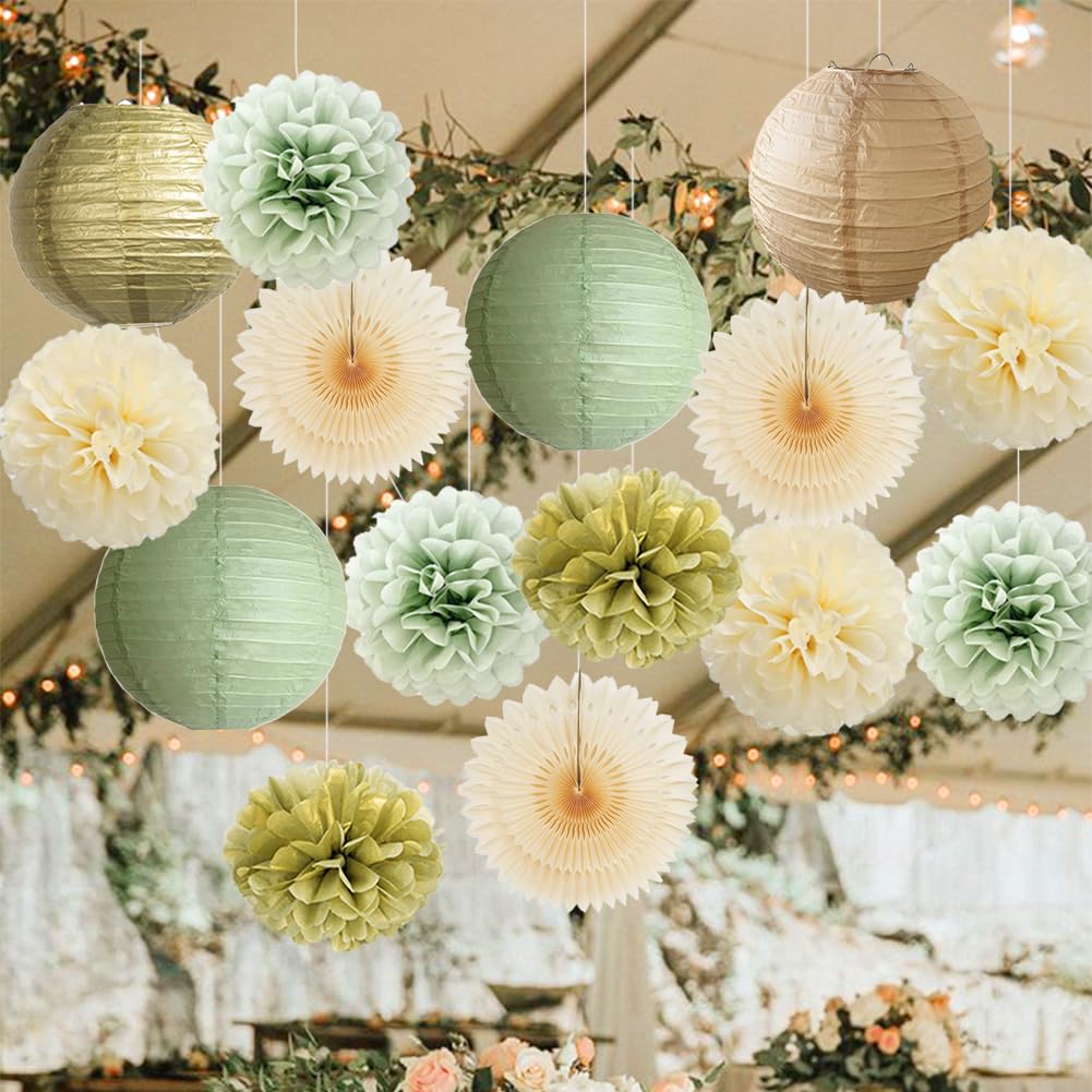 Sage Green Party Decorations Cream Paper Fans Gold Tissue Paper Pom Poms Paper Lanterns Sage Green and Gold Party Decorations for Baby Shower Bridal Shower Birthday Wedding Engagement Party