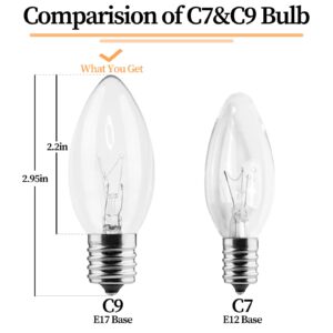 CXLHO 25 Pack C9 Bulbs Clear Replacement Bulbs Incandescent, C9 Christmas Light Bulbs for Christmas String Light, E17 Intermediate Base, 7 Watt, Clear