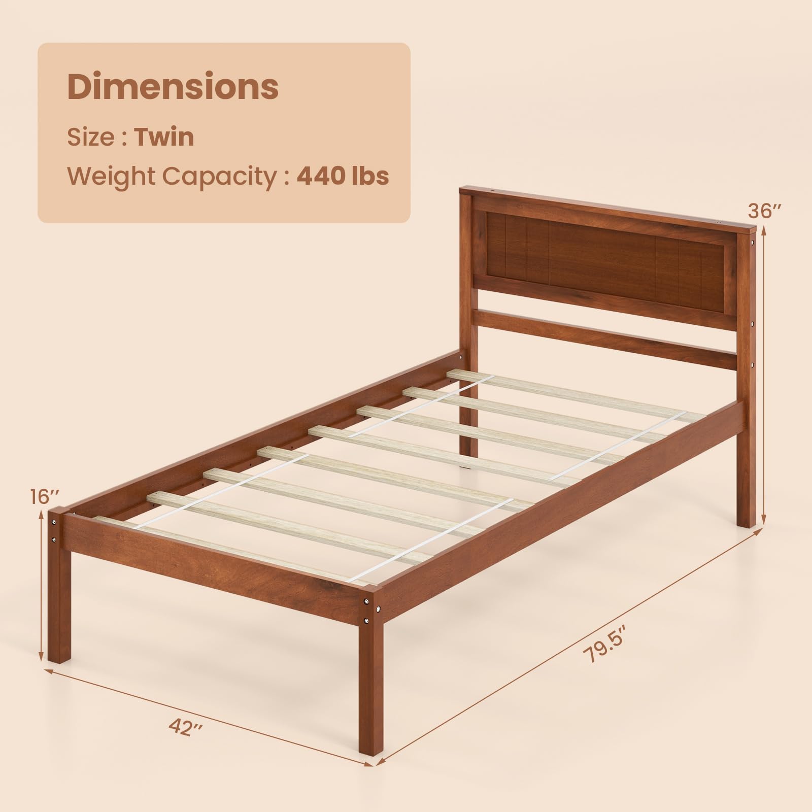 Giantex Twin Bed Frames with Headboard, Solid Wood Platform Bed with Wood Slat Support, Single Bed with 16" Under Bed Storage, Twin Bed Frames for Kids Adults Guests, Easy Assembly, Walnut