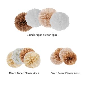 Boho Baby-Shower Party-Decorations Tissue Pom-Poms - 12pcs Neutral Rainbow Birthday Wedding Bridal Paper Flowers Streamers,White Brown Champagne Engagement Bachelorette Christmas Decor Ouruola