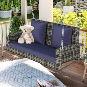 2-person porch swing with hanging chains,outdoor rattan wicker porch swing bench with cushion/pillow for front garden, backyard, pond(gray wicker, blue cushion)