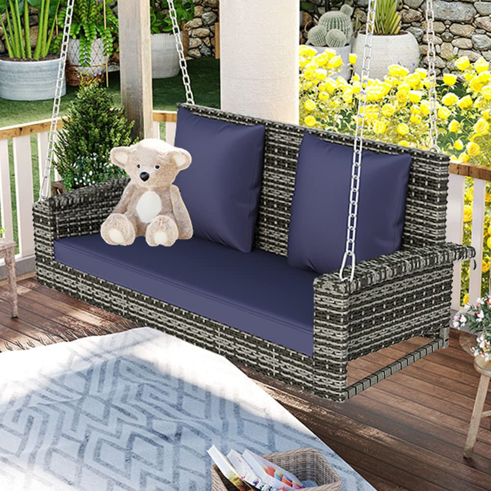 2-Person Porch Swing with Hanging Chains,Outdoor Rattan Wicker Porch Swing Bench with Cushion/Pillow for Front Garden, Backyard, Pond(Gray Wicker, Blue Cushion)