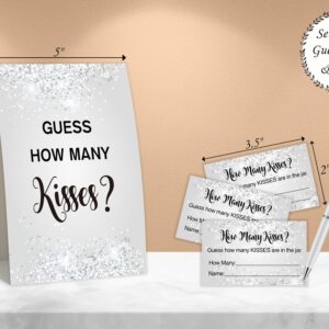 Silver Polka Dot Confetti Design Guess How Many Kisses Bridal Shower Game,Bridal Shower Decorations,Popular Bridal Shower Games,Engagement Party Game,Set Including 1 Sign And 50 Guessing Cards-08