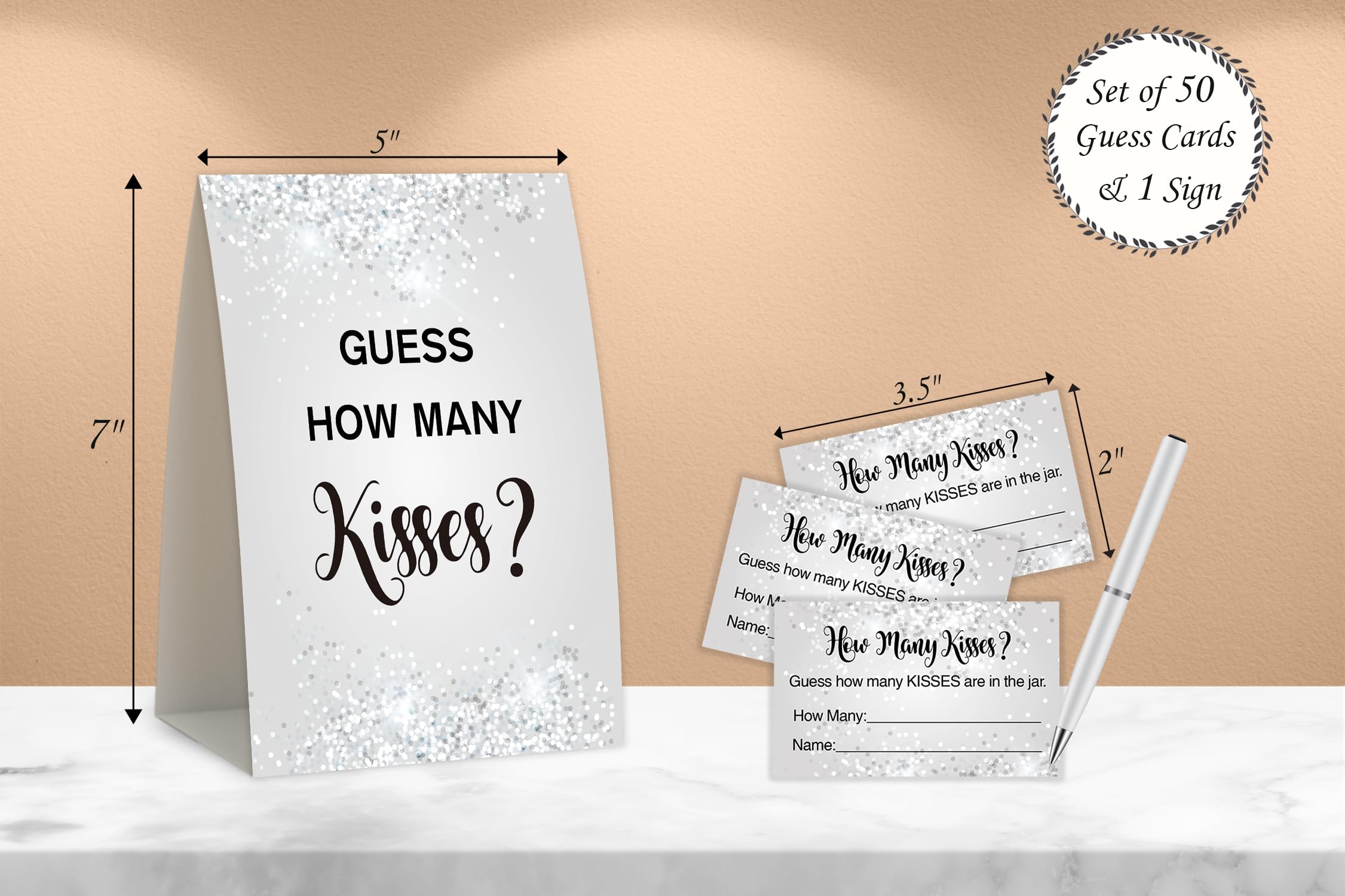 Silver Polka Dot Confetti Design Guess How Many Kisses Bridal Shower Game,Bridal Shower Decorations,Popular Bridal Shower Games,Engagement Party Game,Set Including 1 Sign And 50 Guessing Cards-08