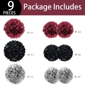 9PCS Maroon Burgundy Black Silver Tissue Paper Flowers Hanging Pom Poms Wall Backdrop Streamers for Graduation Bridal Wedding Shower Bachelorette Retirement Party Décor