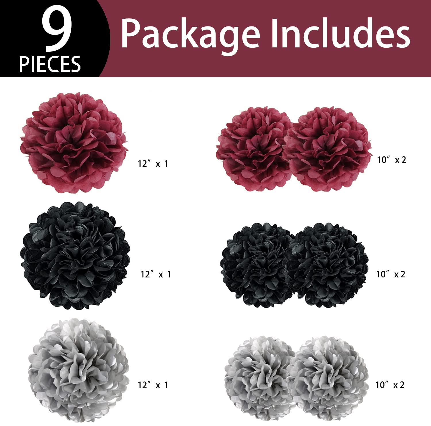 9PCS Maroon Burgundy Black Silver Tissue Paper Flowers Hanging Pom Poms Wall Backdrop Streamers for Graduation Bridal Wedding Shower Bachelorette Retirement Party Décor