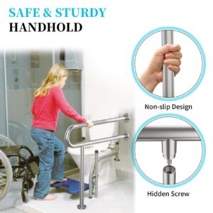 Toilet Support Rail 31.3X 31.5 Inch, Munzong Anti-Slip Satin Brushed Nickel Handicap Grab Bar for Bathroom, Stainless Steel Knurled Safety handrails with Leg for Elderly Disabled Pregnant-1.25’Tube