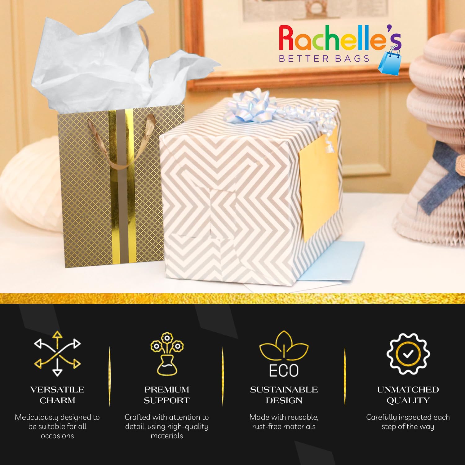 RACHELLE'S Elegant & Classy Paper Gift Bag Assortment with Tissue Paper – 4 Pack of Premium Quality & Sturdy Large Bags Great for Birthdays, Anniversaries, Christmas, Father's Day, Holidays – Black,