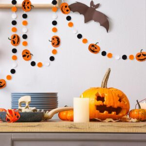 Whaline 8.2Ft Halloween Felt Pom Pom Garland Different Expressions Cute Pumpkins Hanging Banner Orange White Black Pom Ball Bunting Banner for Halloween Home Mantel Wall Window Decor Party Supplies