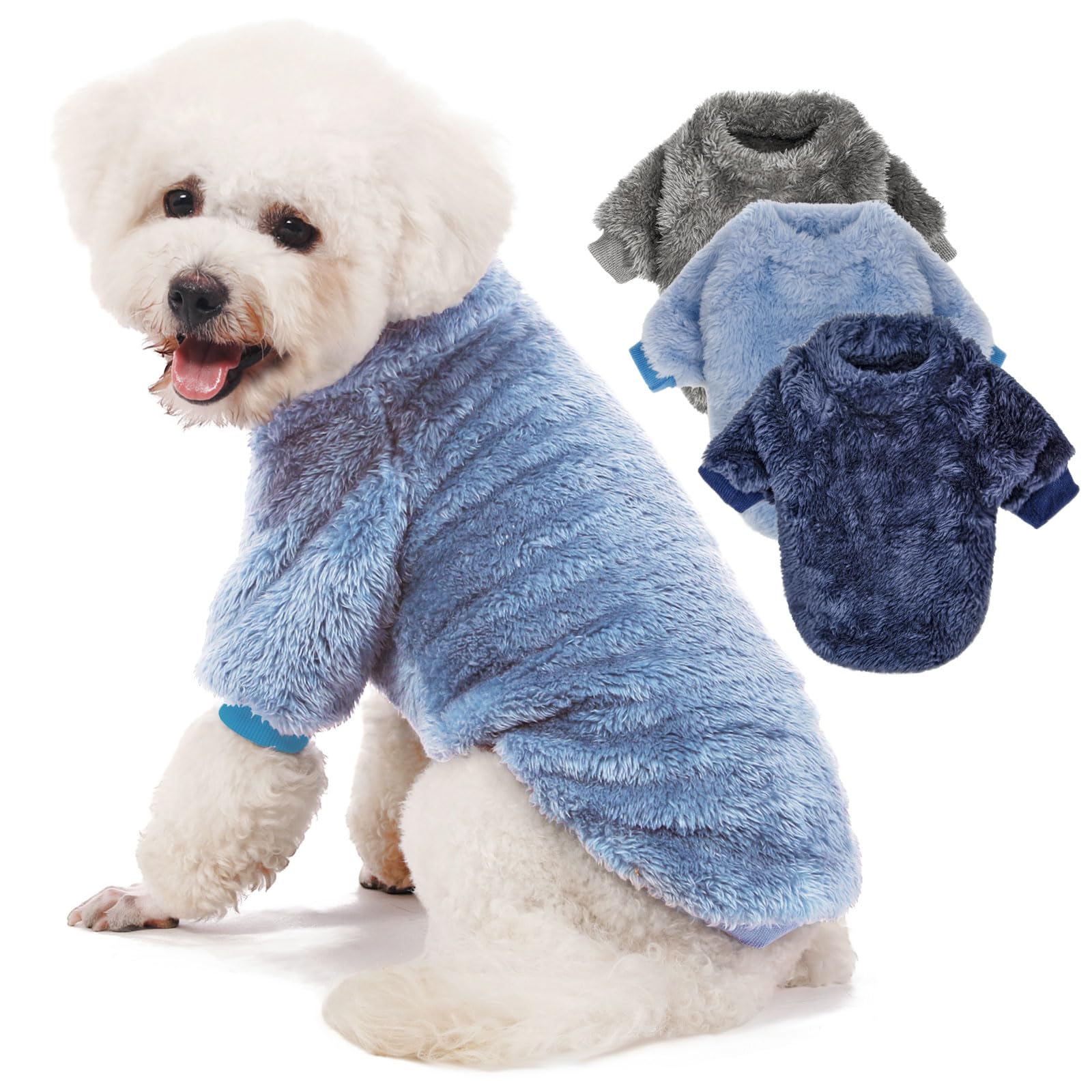 Pack of 3 Dog Sweater Clothes for Small Dogs Boy and Girl Dog Sweaters XS Dog Coat Puppy Cat Apparel Winter Clothes Velvet Sweatshirt (X-Small, SkyBlue,Navy,Darkgrey)