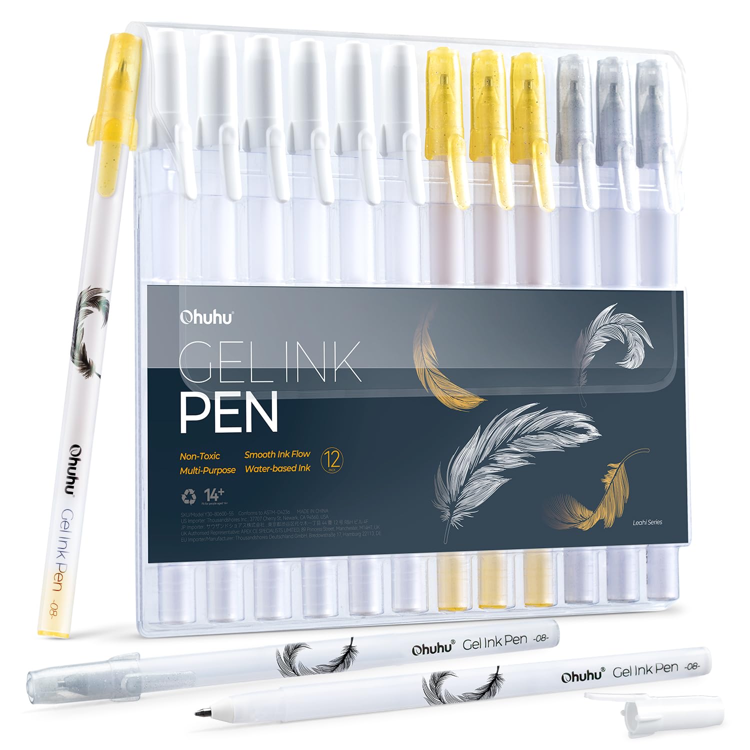 Ohuhu Gel Ink Pens: 12 Pack Extra Fine Point Pens Opaque Gel Ink Pens Smooth White Ink Pens for Highlight Black Paper Art Drawing Scrapbook Bullet Journal - Leahi (White, Gold & Silver Ink Pen)