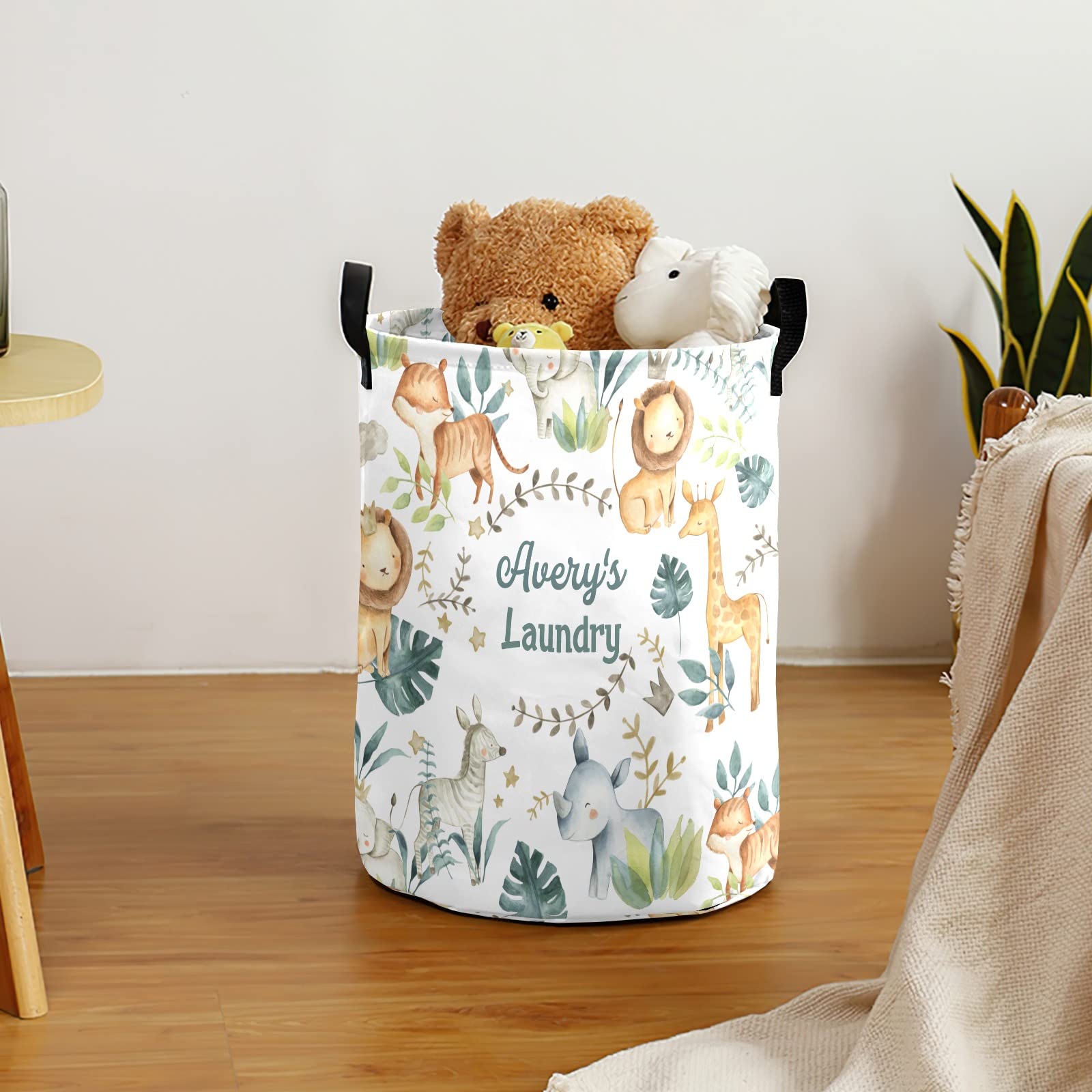 Custom Laundry Hamper, Jungle Safari Palm Leaves Lion Tiger Elephant Zebra Laundry Basket Round Clothes Storage Basket for Bedroom, 14.17x19.68 in