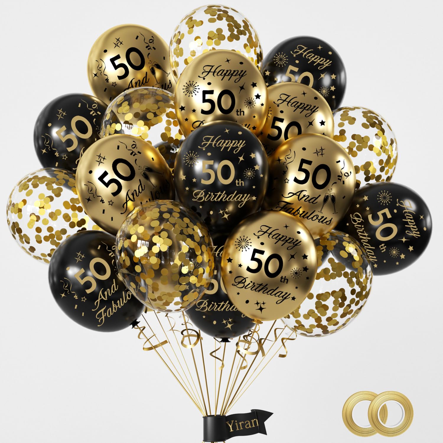 Yiran 50th Birthday Balloons, Black Gold Number 50 Balloons, 15Pcs Happy Birthday Balloons Party Deocorations Supplies, 12inch Latex Confetti Balloons for Adult Men Women