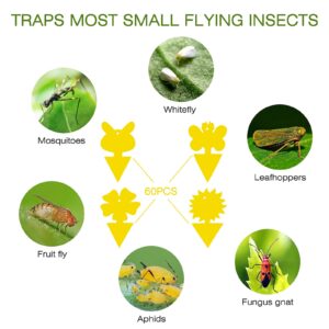 60Pack Fruit Fly Traps Fungus Gnat Traps Yellow Sticky Bug Traps for Indoor Outdoor Plants, Pest Insect Catcher Killer for Whitefly, Fungus Gnat, Mosquito and Bug, Non-Toxic, 4 Shapes