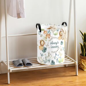 Custom Laundry Hamper, Jungle Safari Palm Leaves Lion Tiger Elephant Zebra Laundry Basket Round Clothes Storage Basket for Bedroom, 14.17x19.68 in