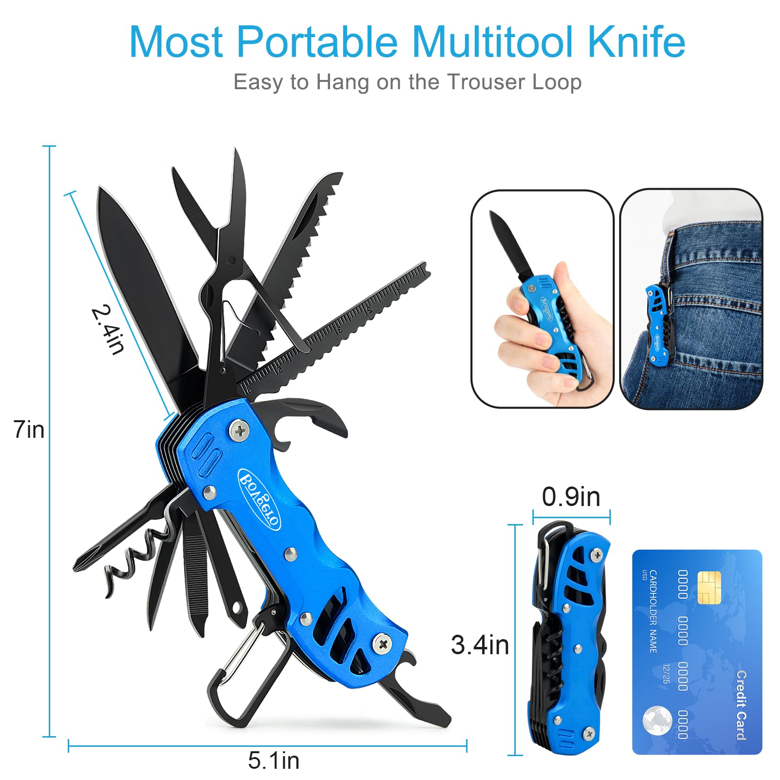 Bovgero Multitool Knife, 16 in 1 Pocket Knife, Handmade Multi Tool Knife, Gift for Men boyfriend dad him husband, Blue