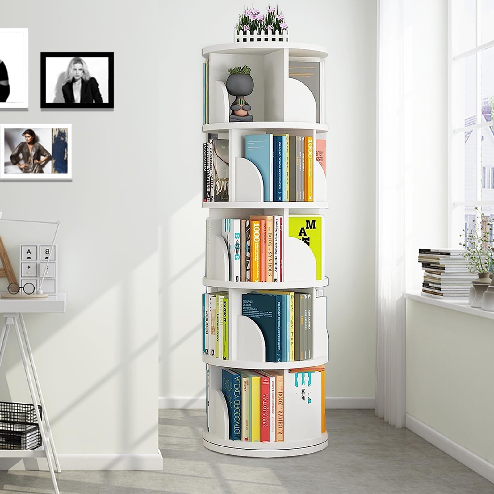 Rotating Bookshelf Tower, 360 Display 5 Tier Floor Standing Bookcase Storage Rack for Kids&Adults, Corner Bookshelf for Small Space, Book Shelf Rotating Bookcase for Bedroom, Living Room, Study