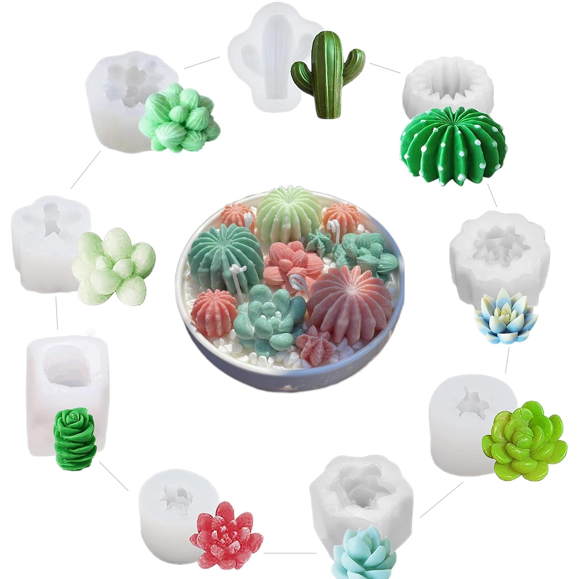 Navani 9 Pack Succulent Silicone Mold,Flower Resin Mold,Silicone Candle Molds.3D Cacti Candle Mold Silicone for Scented Candles Soaps Making, Wax, Resin Casting,Soap Cake Dessert Mousse Mold (A)