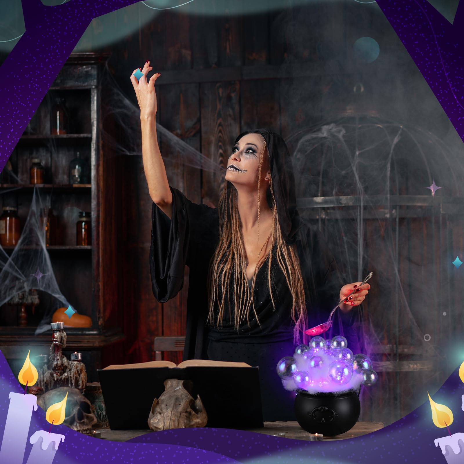 Liliful Light up Bubble Cauldron DIY Set, 7.68" Black Plastic Witches Cauldron with Handle 24 Pcs Clear Plastic Balls and String Light Halloween Cauldron Candy Bowl for Halloween Decorations (Purple)