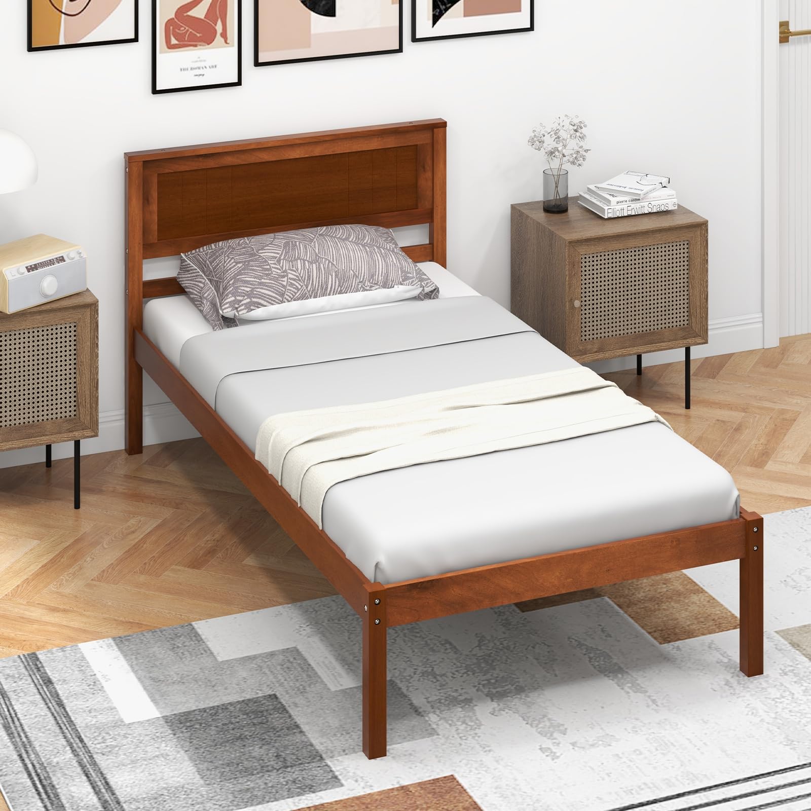 Giantex Twin Bed Frames with Headboard, Solid Wood Platform Bed with Wood Slat Support, Single Bed with 16" Under Bed Storage, Twin Bed Frames for Kids Adults Guests, Easy Assembly, Walnut