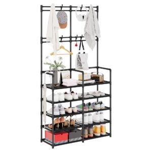 udear 5-tier coat and shoe rack, entryway coat rack with 8 hooks, double row shoes organizer for living room, bedroom, office, black