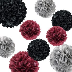 9pcs maroon burgundy black silver tissue paper flowers hanging pom poms wall backdrop streamers for graduation bridal wedding shower bachelorette retirement party décor