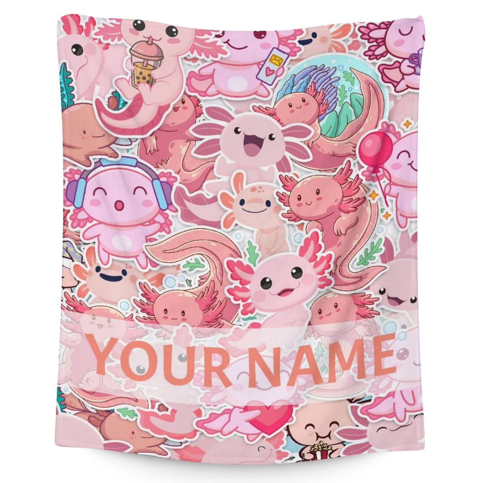 Personalized Axolotl Blanket Gifts with Name - 60"x80" Cute Throw Blanket for Adults Kids - Pink Soft Plush Blankets for Bed, Couch & Travel