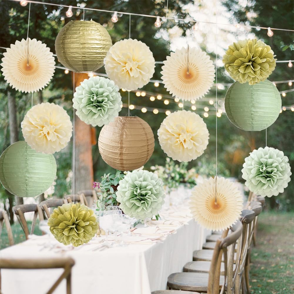 Sage Green Party Decorations Cream Paper Fans Gold Tissue Paper Pom Poms Paper Lanterns Sage Green and Gold Party Decorations for Baby Shower Bridal Shower Birthday Wedding Engagement Party